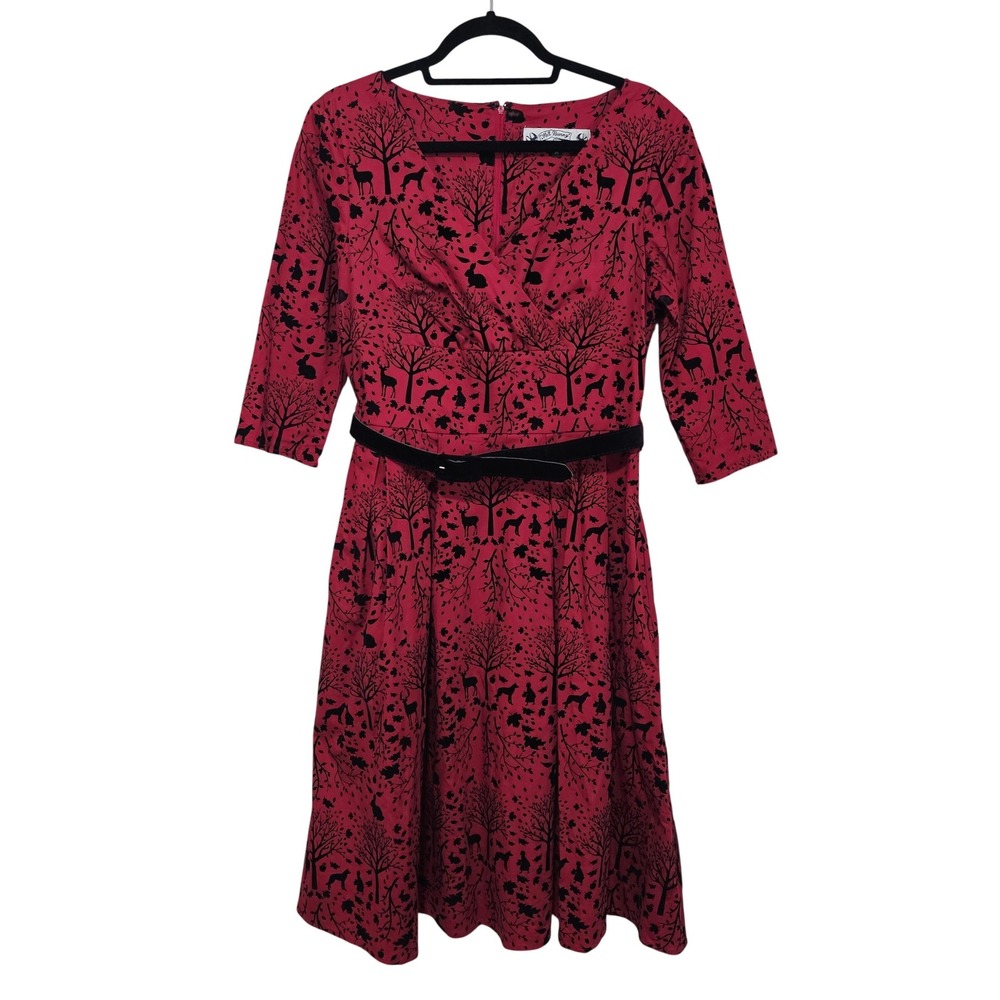 Hell Bunny Vixen M 40s Retro Dress Red Black Velvet Forest Deer Rockabilly Pinup